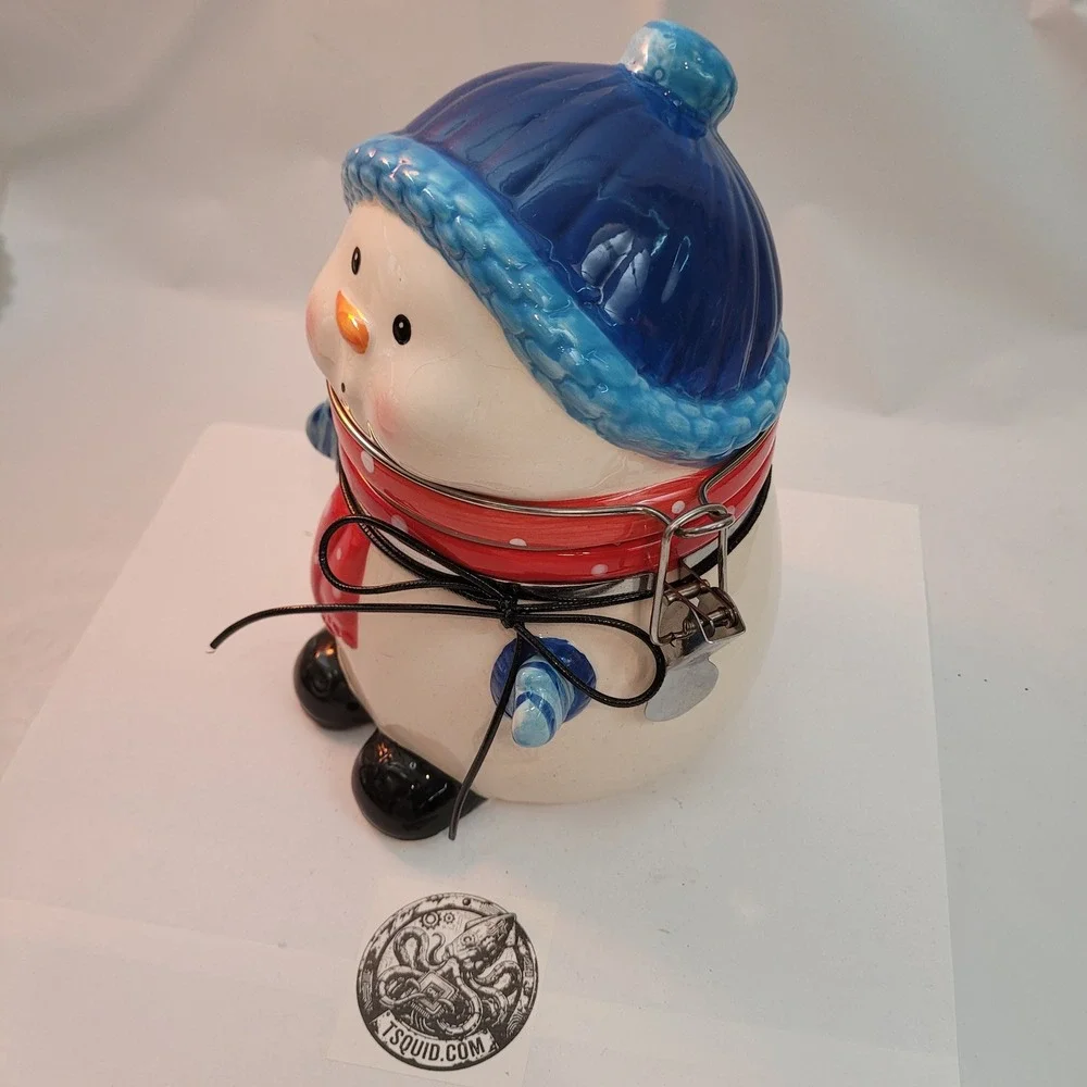 ConAgra Foods‎ Snowman Ceramic Cookie Jar Canister Blue Hat Red Scarf Hinge Lid